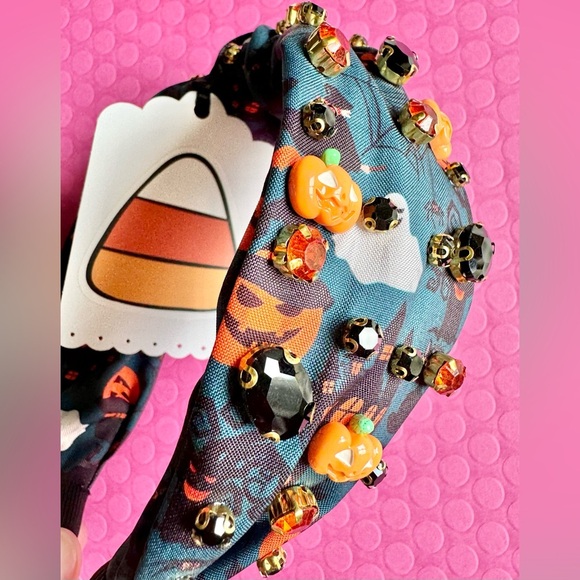 New Halloween Blue w/ Rhinestones Pumpkin Bat Fabric Adult Size Knotted Headband - Picture 5 of 9